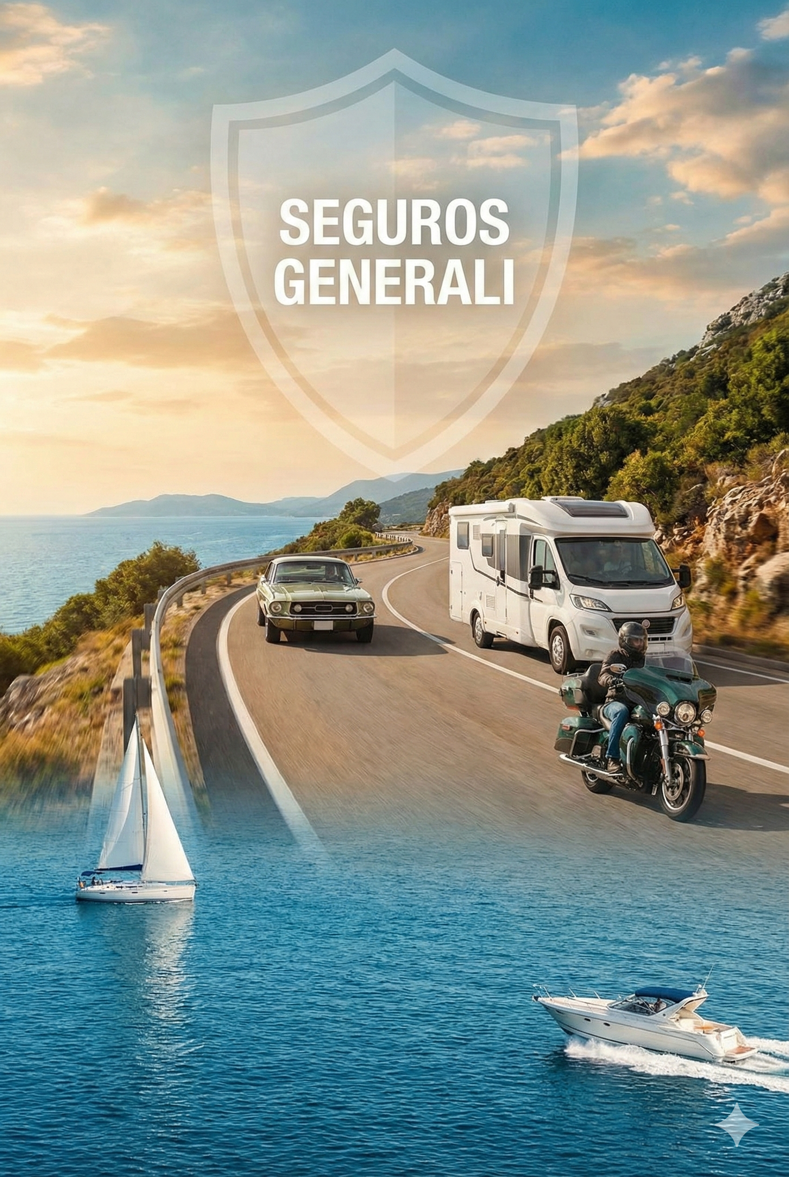 Composición vertical con coche, moto, autocaravana y embarcación, representando la protección integral de Generali para todo tipo de vehículos y movilidad personal.