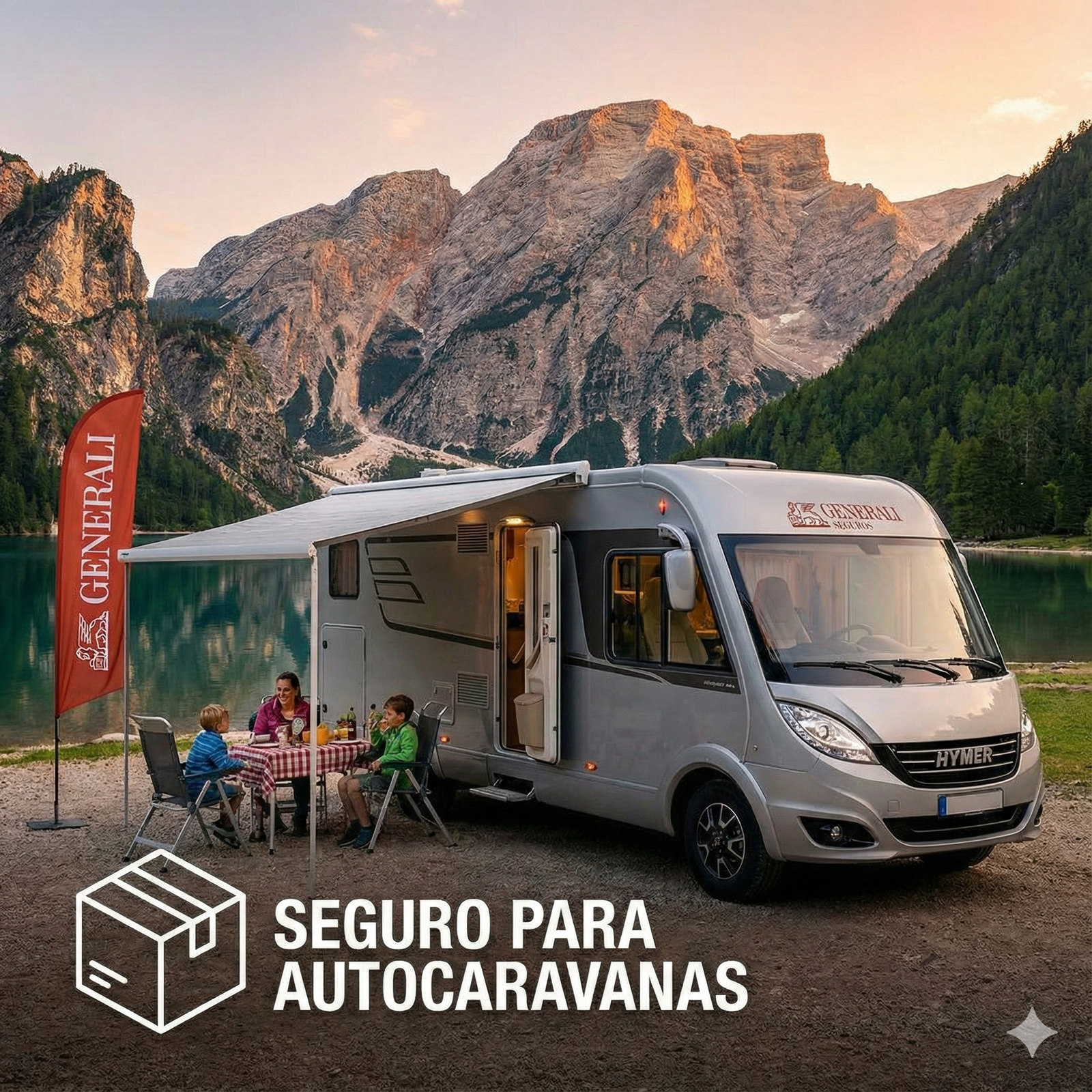 Familia disfrutando de un viaje en autocaravana en la montaña, representando la tranquilidad del Seguro de Autocaravanas Generali.