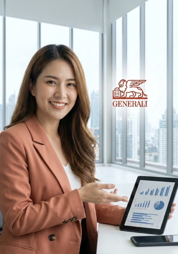 Asesora experta de Generali Seguros mostrando soluciones de protección y rentabilidad para empresas y comercios en una tablet