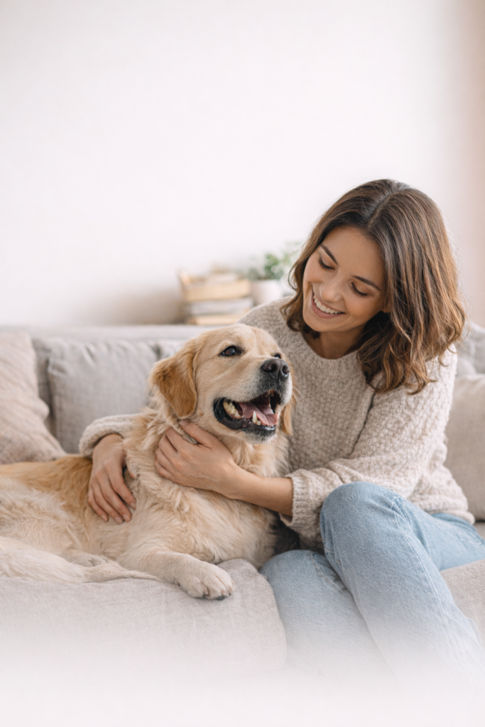 Woman with her dog at home, image for Generali pet insurance in Spain