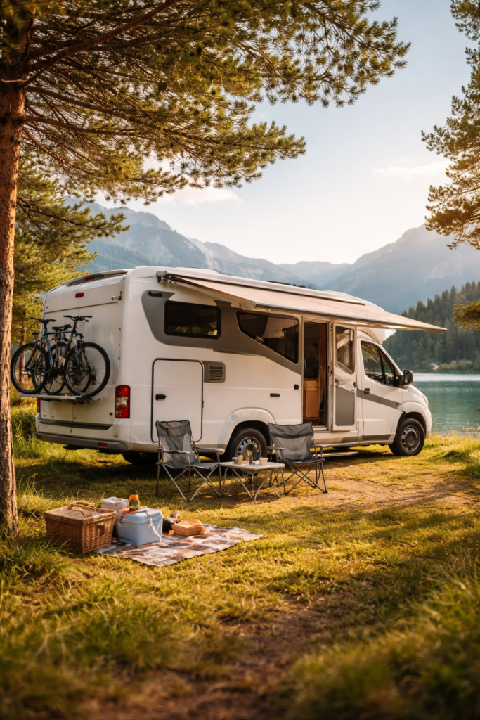 White motorhome parked next to a lake at a campsite, image for motorhome insurance landing in Spain.